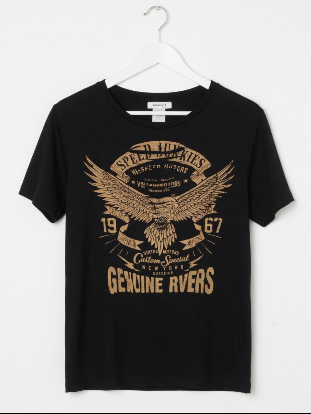 January 7 Black Graphic Eagle Moto Tee “Genuine Riders” Size Medium